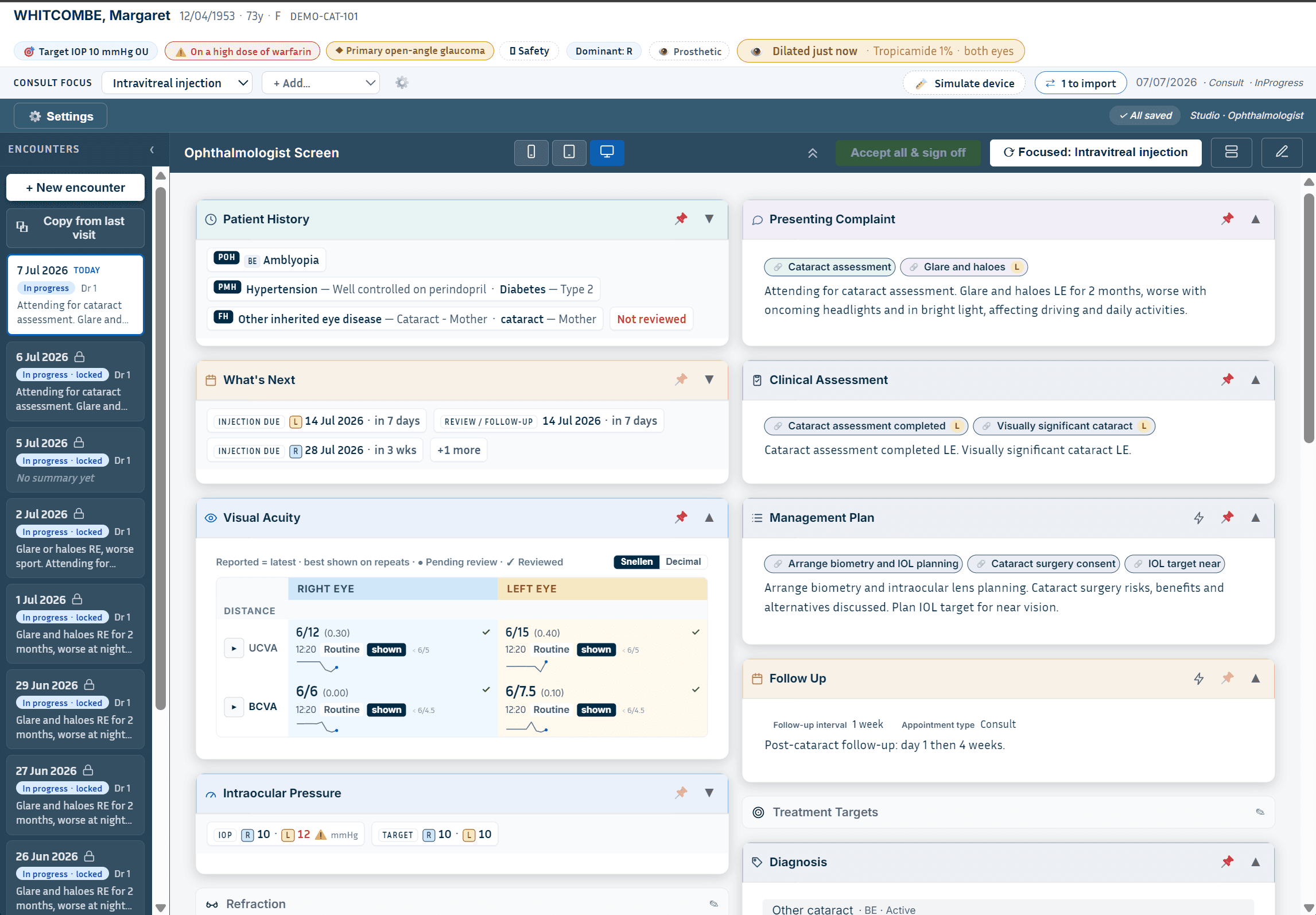 MedNext ophthalmology Express Screen showing the patient safety banner and full clinical card grid