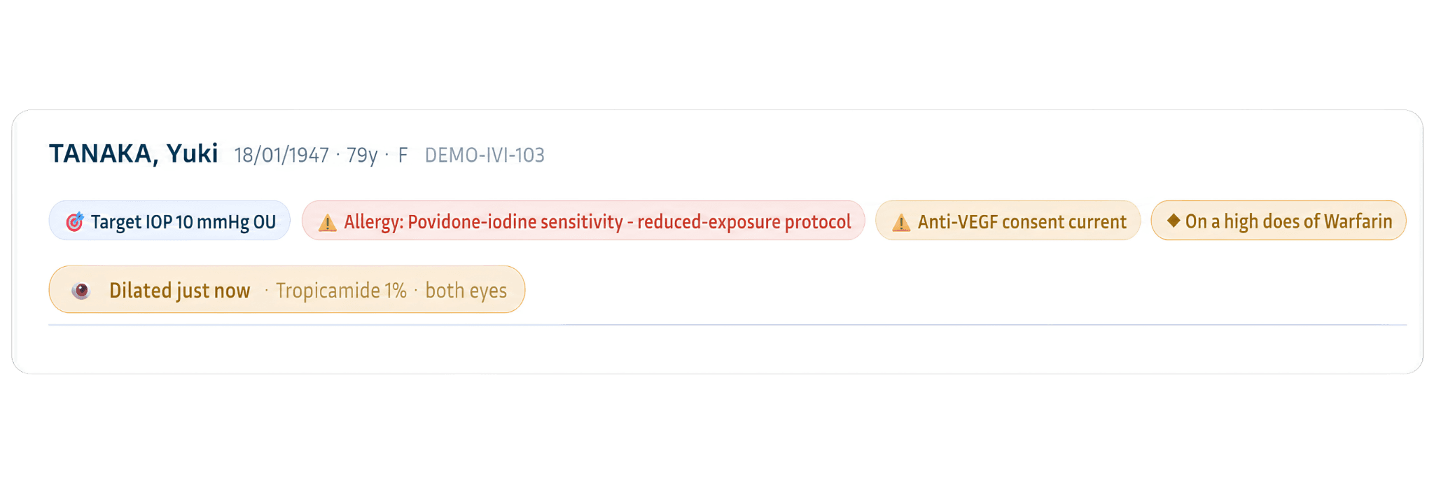 MedNext patient banner showing target IOP, allergy alert, anti-VEGF consent status, anticoagulant flag and dilation timer